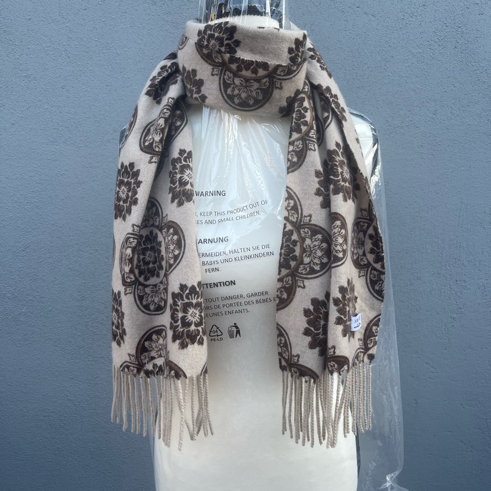Amicale Cashmere Floral Scarf in Cream and Brown - Picture 5 of 8